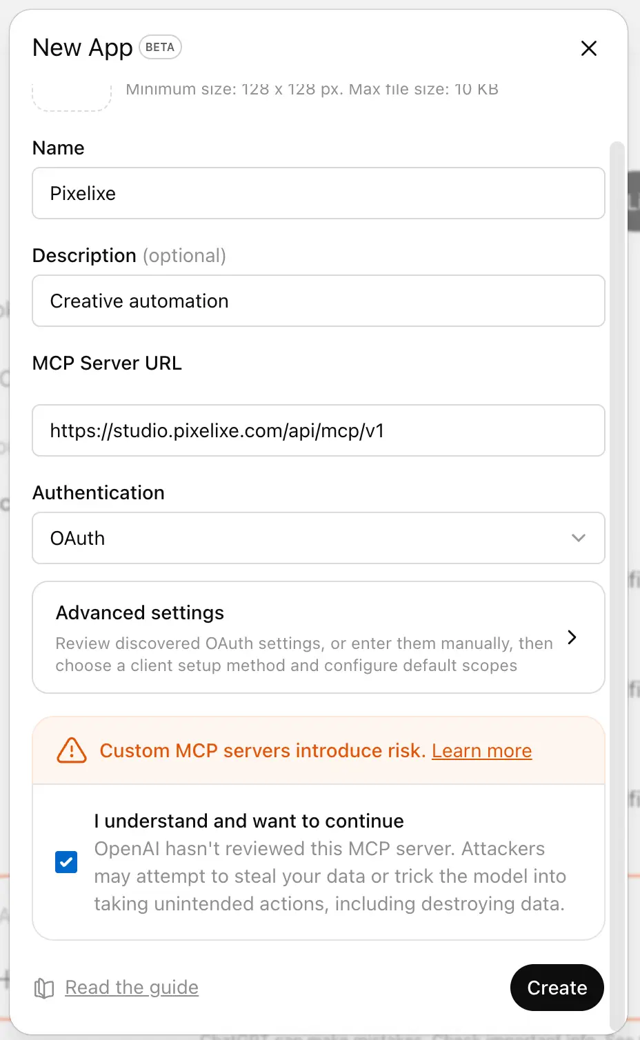 Click Create to add the Pixelixe MCP connector in ChatGPT