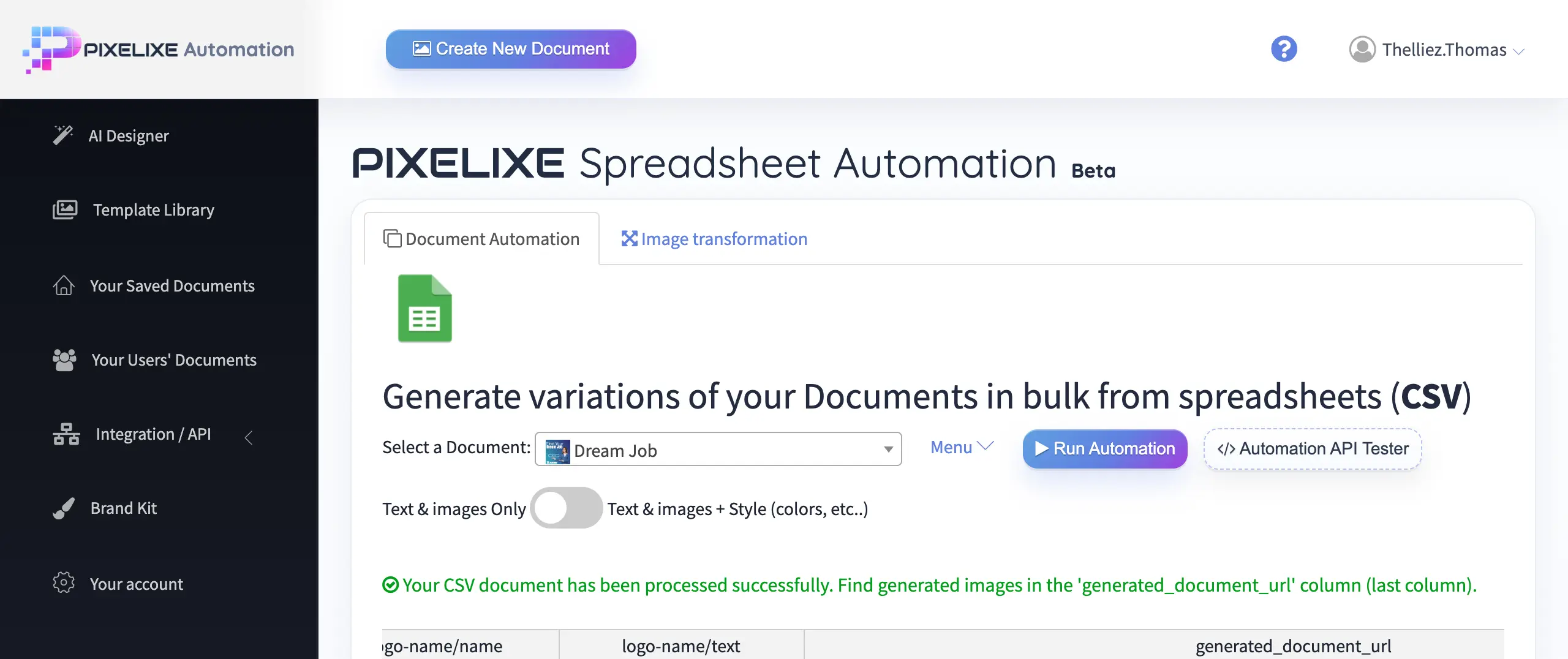 Pixelixe spreadsheet automation workflow